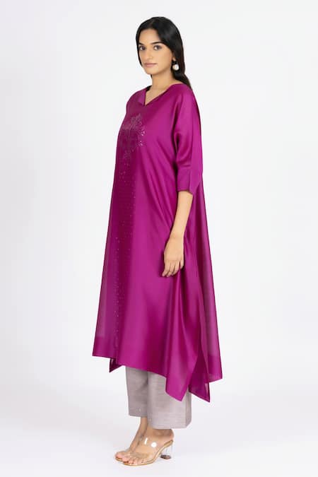 Shop_Bhavik Shah_Pink Chanderi , Cotton, Kaamdani Embellished Kimono Kurta And Pant Set _Online_at_Aza_Fashions