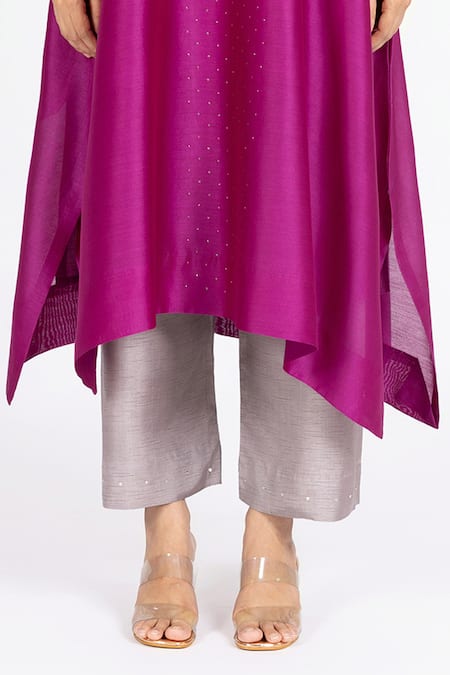 Bhavik Shah_Pink Chanderi , Cotton, Kaamdani Embellished Kimono Kurta And Pant Set _at_Aza_Fashions