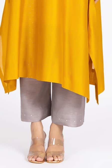 Bhavik Shah_Yellow Chanderi , Cotton, Kaamdani Embellished Kimono Kurta And Pant Set _Online_at_Aza_Fashions