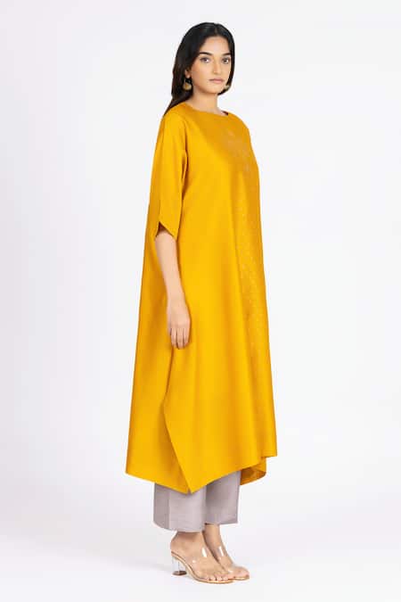 Shop_Bhavik Shah_Yellow Chanderi , Cotton, Kaamdani Embellished Kimono Kurta And Pant Set _Online_at_Aza_Fashions