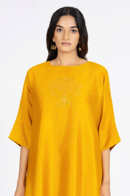 Buy_Bhavik Shah_Yellow Chanderi , Cotton, Kaamdani Embellished Kimono Kurta And Pant Set 
