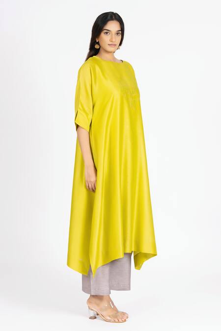 Bhavik Shah_Yellow Chanderi , Cotton, Kaamdani Embellished Kimono Kurta With Pant _Online_at_Aza_Fashions