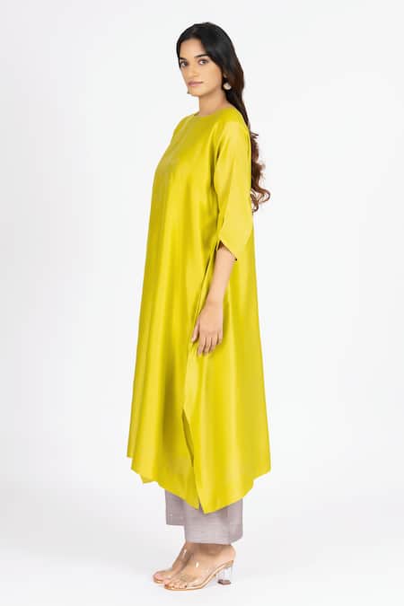 Buy_Bhavik Shah_Yellow Chanderi , Cotton, Kaamdani Embellished Kimono Kurta With Pant _Online_at_Aza_Fashions
