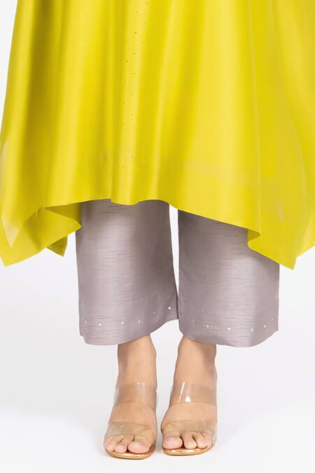 Shop_Bhavik Shah_Yellow Chanderi , Cotton, Kaamdani Embellished Kimono Kurta With Pant _Online_at_Aza_Fashions
