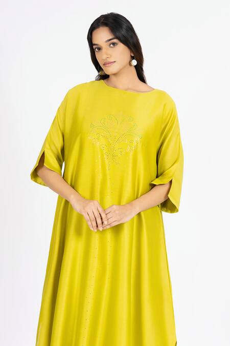 Bhavik Shah_Yellow Chanderi , Cotton, Kaamdani Embellished Kimono Kurta With Pant _at_Aza_Fashions