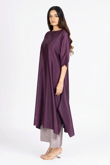 Buy_Bhavik Shah_Purple Chanderi , Cotton, Kaamdani Embellished Kimono Kurta With Pant _Online_at_Aza_Fashions