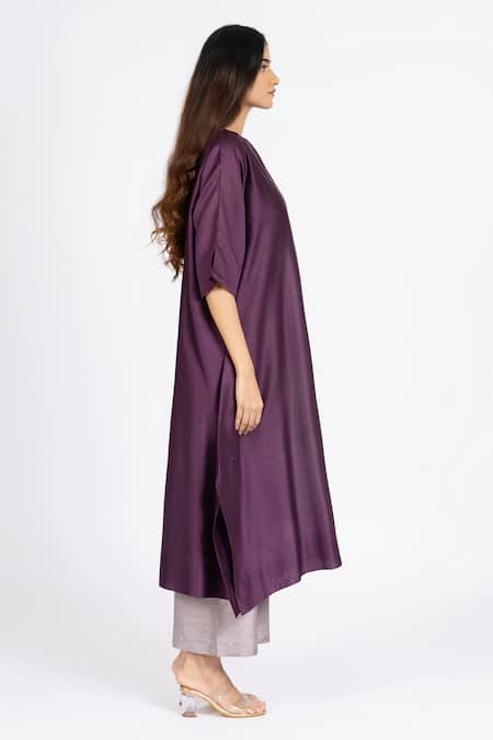 Shop_Bhavik Shah_Purple Chanderi , Cotton, Kaamdani Embellished Kimono Kurta With Pant _Online_at_Aza_Fashions
