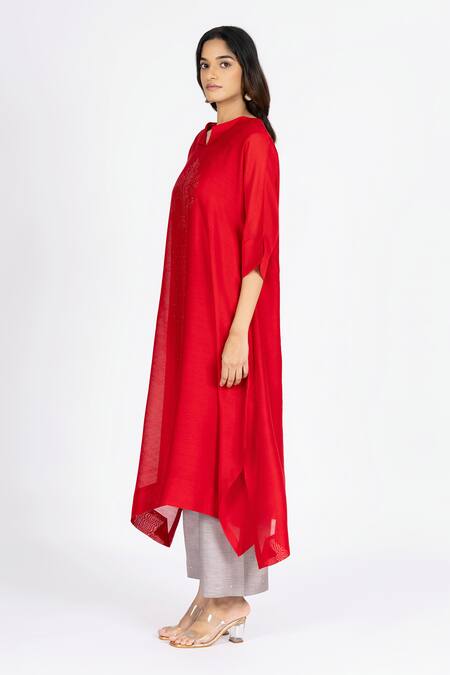 Bhavik Shah_Red Chanderi , Cotton, Kaamdani Mukaish Work Kimono Kurta With Pant _Online_at_Aza_Fashions