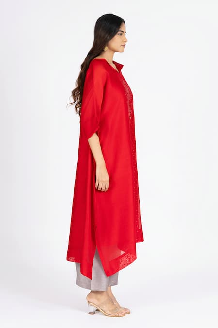 Buy_Bhavik Shah_Red Chanderi , Cotton, Kaamdani Mukaish Work Kimono Kurta With Pant _Online_at_Aza_Fashions