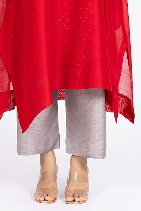 Bhavik Shah_Red Chanderi , Cotton, Kaamdani Mukaish Work Kimono Kurta With Pant _at_Aza_Fashions