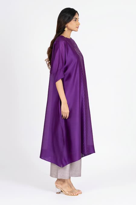 Bhavik Shah_Purple Chanderi , Cotton, Kaamdani Mukaish Work Kimono Kurta And Pant Set _at_Aza_Fashions