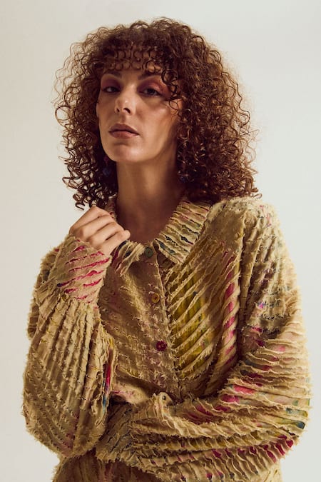 Shop Capisvirleo Beige Chanderi Silk Collared Petunia Ecru Shirt Online at Aza Fashions Shop_Capisvirleo_Beige Chanderi Silk Collared Petunia Ecru Shirt _Online_at_Aza_Fashions