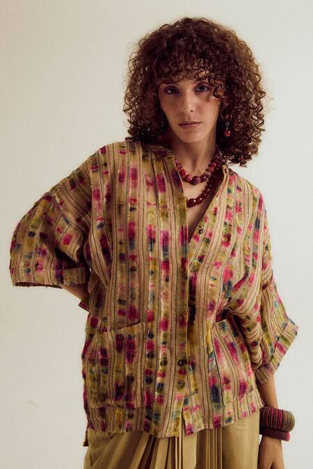 Capisvirleo_Beige Cotton, Jacquard, Silk Embroidery Nargis Shirt And Gulmohar Skirt Set _Online_at_Aza_Fashions