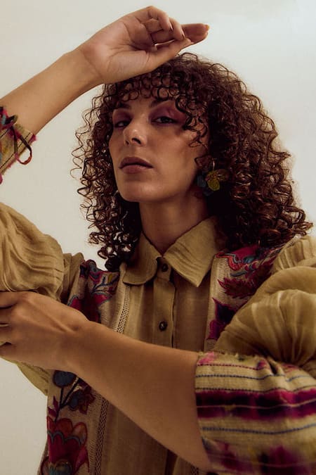 CAPISVIRLEO_Beige Chanderi Silk Embroidery Collared Camellia Ecru Shirt _Online_at_Aza_Fashions