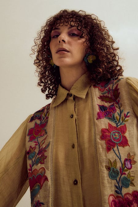 Shop_CAPISVIRLEO_Beige Chanderi Silk Embroidery Collared Camellia Ecru Shirt _Online_at_Aza_Fashions