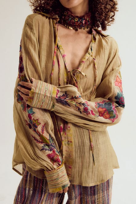 Capisvirleo Beige Chanderi Silk Embroidery V-neck Chloe Ecru Shirt Online at Aza Fashions Capisvirleo_Beige Chanderi Silk Embroidery V-neck Chloe Ecru Shirt _Online_at_Aza_Fashions