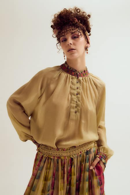 Buy Capisvirleo Beige Silk Embroidery Mandarin Collar Eila Ecru Shirt Online at Aza Fashions Buy_Capisvirleo_Beige Silk Embroidery Mandarin Collar Eila Ecru Shirt _Online_at_Aza_Fashions