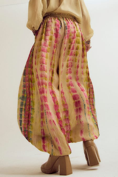 CAPISVIRLEO_Beige Silk Lace Bauhini Tie Dye Harem Pant _Online_at_Aza_Fashions
