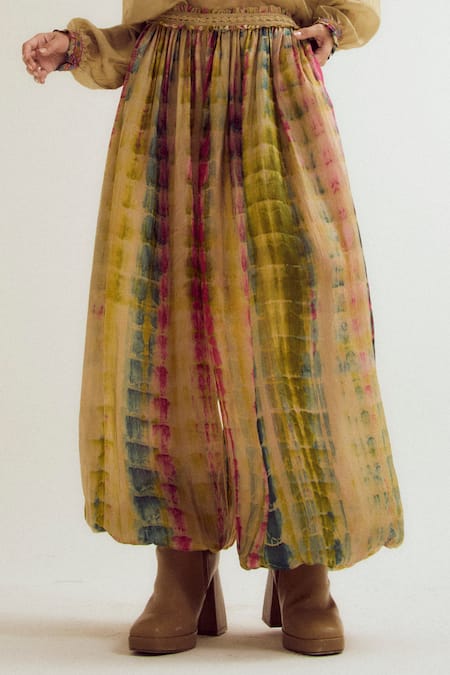 Buy_CAPISVIRLEO_Beige Silk Lace Bauhini Tie Dye Harem Pant _Online_at_Aza_Fashions
