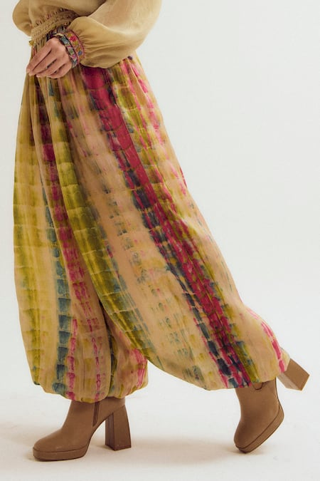 Shop_CAPISVIRLEO_Beige Silk Lace Bauhini Tie Dye Harem Pant _Online_at_Aza_Fashions