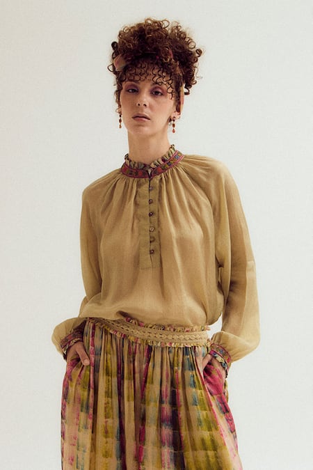 Capisvirleo_Beige Silk Embroidery, Lace Mandarin Collar Eila Shirt And Bauhini Pant Set _Online_at_Aza_Fashions