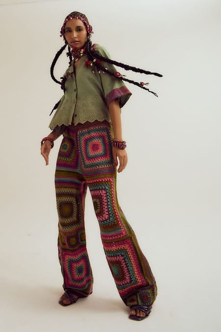 CAPISVIRLEO_Green Cotton Embroidery, Cut Work Collared Hibiscus Sage Shirt _Online_at_Aza_Fashions