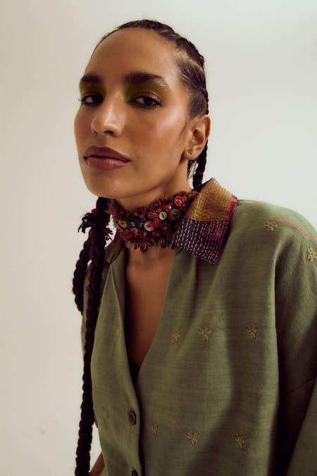 Buy_CAPISVIRLEO_Green Cotton Embroidery, Cut Work Collared Hibiscus Sage Shirt _Online_at_Aza_Fashions