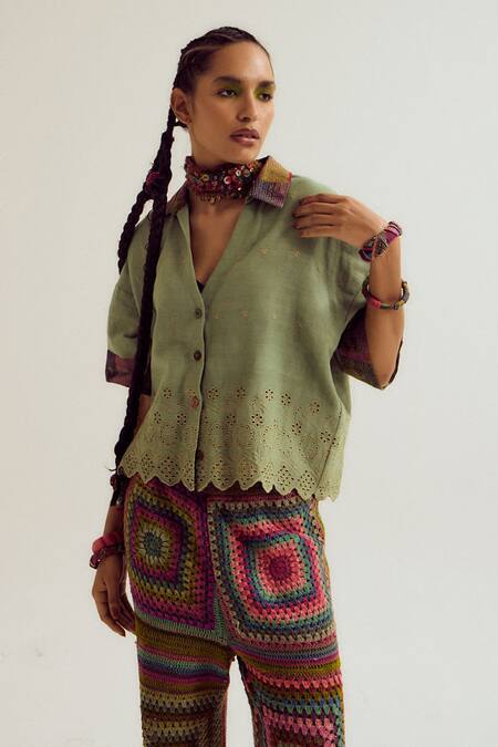 Shop_CAPISVIRLEO_Green Cotton Embroidery, Cut Work Collared Hibiscus Sage Shirt _Online_at_Aza_Fashions