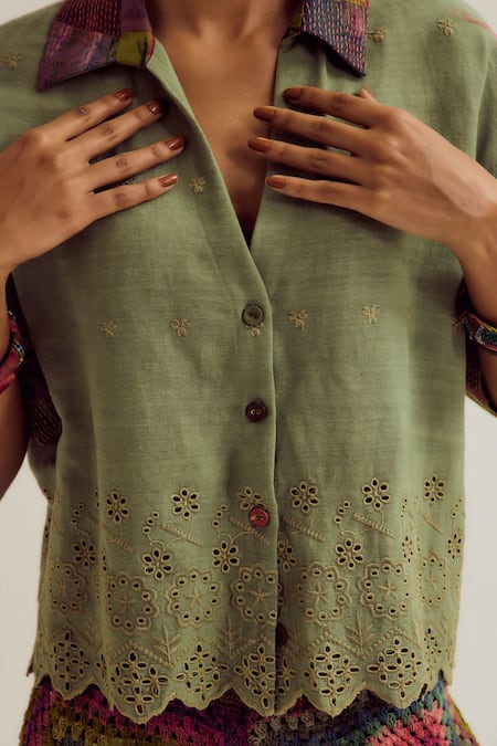 CAPISVIRLEO_Green Cotton Embroidery, Cut Work Collared Hibiscus Sage Shirt _at_Aza_Fashions