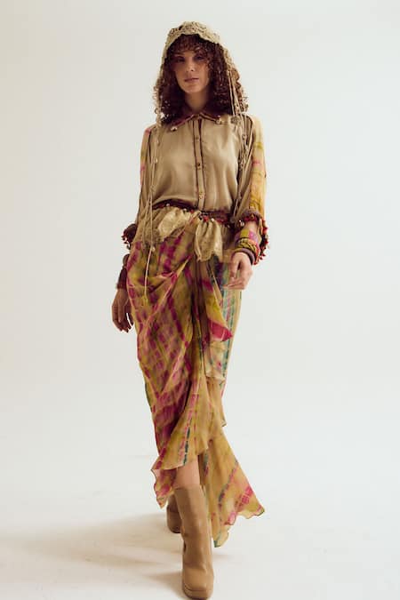 Capisvirleo_Beige Cotton, Silk Embroidery, Tassels Collared Alicia Ecru Shirt _at_Aza_Fashions