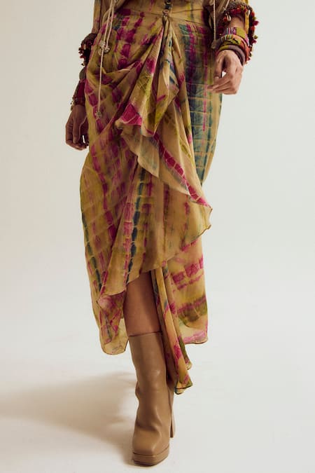 Capisvirleo_Beige Silk Dahlia Tie Dye Skirt _Online_at_Aza_Fashions