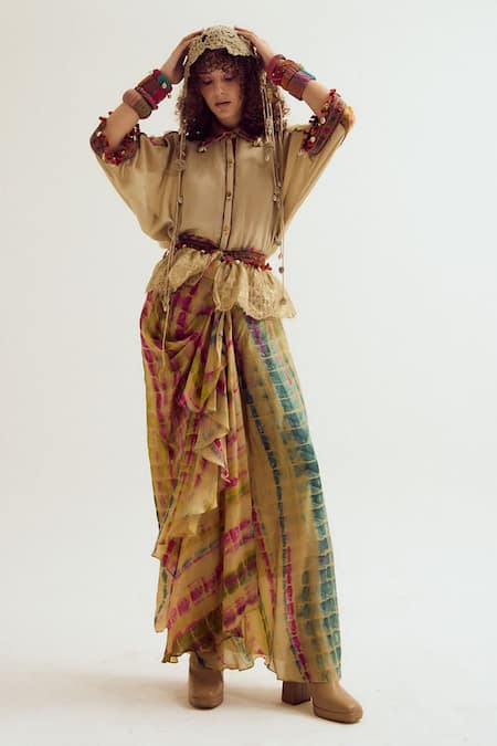 CAPISVIRLEO_Brown Embroidery, Lace, Tassels, Pearls Emb Frill Belt _Online_at_Aza_Fashions