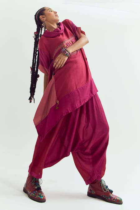 Capisvirleo_Fuchsia Cotton, Silk Embroidery, Plumeria Colourblock Kaftan With Dhoti Pant _Online_at_Aza_Fashions
