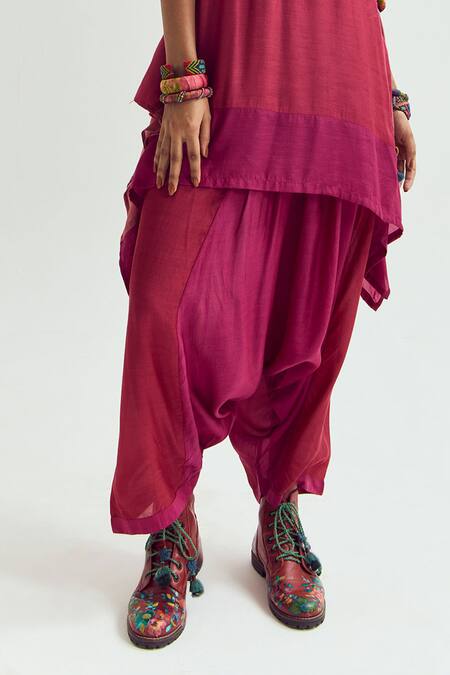 Buy_Capisvirleo_Fuchsia Cotton, Silk Embroidery, Plumeria Colourblock Kaftan With Dhoti Pant _Online_at_Aza_Fashions