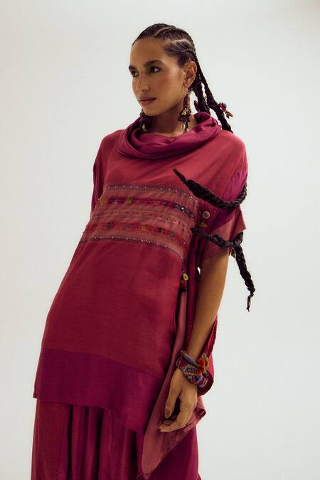 Shop_Capisvirleo_Fuchsia Cotton, Silk Embroidery, Plumeria Colourblock Kaftan With Dhoti Pant _Online_at_Aza_Fashions