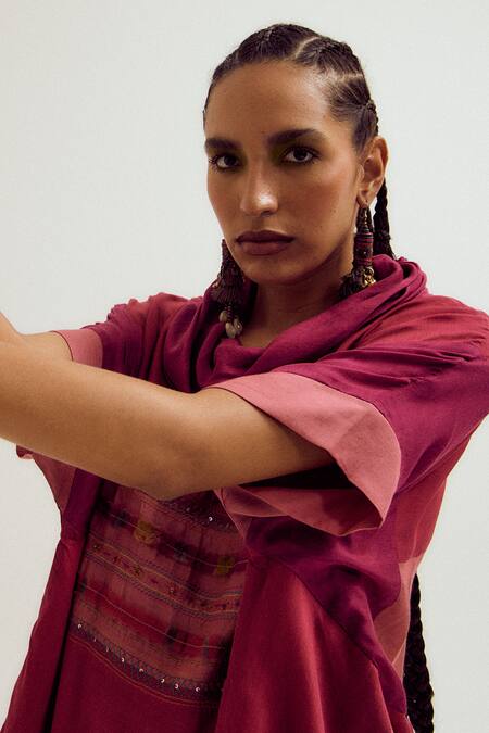 Capisvirleo_Fuchsia Cotton, Silk Embroidery, Plumeria Colourblock Kaftan With Dhoti Pant _at_Aza_Fashions