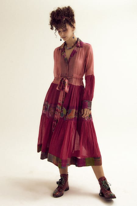 Capisvirleo Fuchsia Chanderi Silk Embroidery Collared Wisteria Dress 