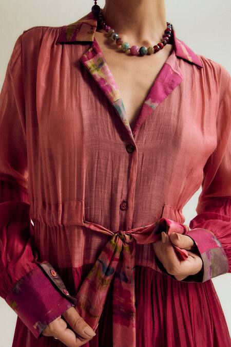 Capisvirleo_Fuchsia Chanderi Silk Embroidery Collared Wisteria Dress _Online_at_Aza_Fashions