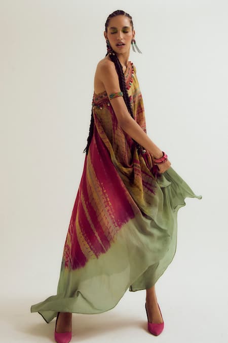 Capisvirleo_Fuchsia Silk Embroidery, Pom-poms, Beads Off-shoulder Heather Off Tie Dye Dress _Online_at_Aza_Fashions