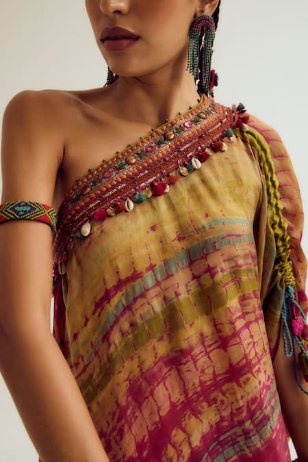 Buy_Capisvirleo_Fuchsia Silk Embroidery, Pom-poms, Beads Off-shoulder Heather Off Tie Dye Dress _Online_at_Aza_Fashions