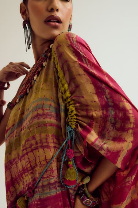 Shop_Capisvirleo_Fuchsia Silk Embroidery, Pom-poms, Beads Off-shoulder Heather Off Tie Dye Dress _Online_at_Aza_Fashions