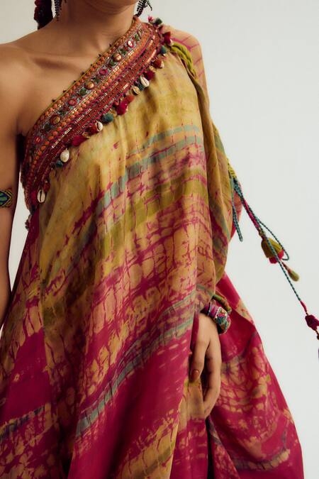 Capisvirleo_Fuchsia Silk Embroidery, Pom-poms, Beads Off-shoulder Heather Off Tie Dye Dress _at_Aza_Fashions