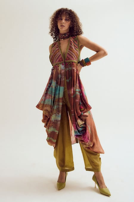 Capisvirleo Brown Silk Embroidery, Tassels V-neck, Sweetheart Ira Tie Dye Jacket Cape Set
