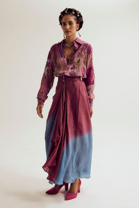 Capisvirleo_Lavender Linen, Jacquard, Silk Patchwork, Paako Shirt And Vinc Skirt Set _Online_at_Aza_Fashions