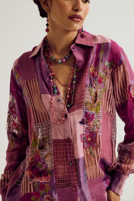 Buy_Capisvirleo_Lavender Linen, Jacquard, Silk Patchwork, Paako Shirt And Vinc Skirt Set _Online_at_Aza_Fashions