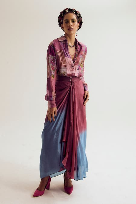 Shop_Capisvirleo_Lavender Linen, Jacquard, Silk Patchwork, Paako Shirt And Vinc Skirt Set _Online_at_Aza_Fashions