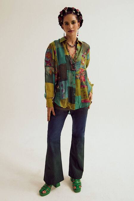 Capisvirleo_Green Linen, Silk, Jacquard Patchwork, Embroidery Collared Paako Shirt _Online_at_Aza_Fashions