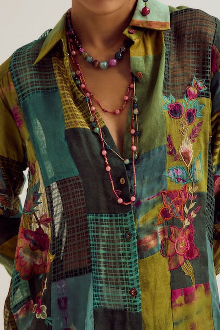 Buy_Capisvirleo_Green Linen, Silk, Jacquard Patchwork, Embroidery Collared Paako Shirt _Online_at_Aza_Fashions