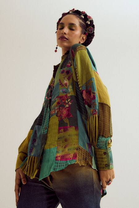 Shop_Capisvirleo_Green Linen, Silk, Jacquard Patchwork, Embroidery Collared Paako Shirt _Online_at_Aza_Fashions