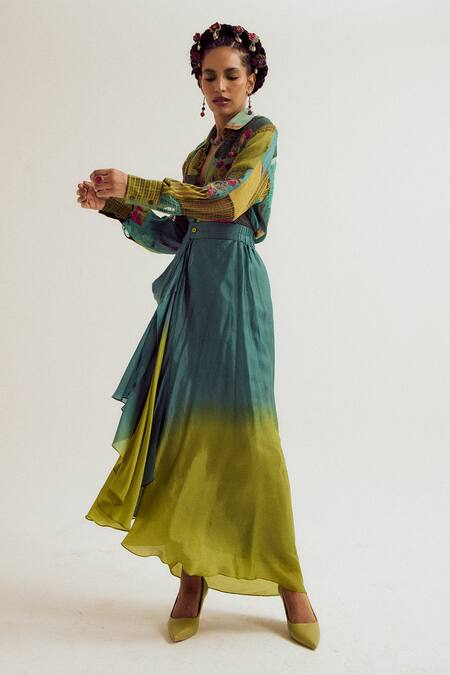 Capisvirleo_Turquoise Linen, Jacquard, Silk Patchwork, Paako Shirt And Vinca Skirt Set _Online_at_Aza_Fashions